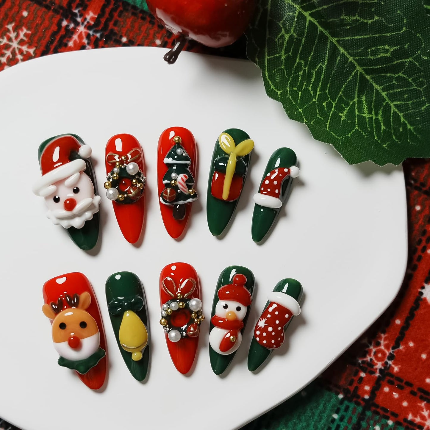 Tesytto Handmade Press on Nails Long Oval - Red & Green 3D Cartoon Character Design, Luxury Glitter Fake Nails with Cute Star & Pearl Charms, Salon Quality Reusable Nails (Holiday Carnival,S)