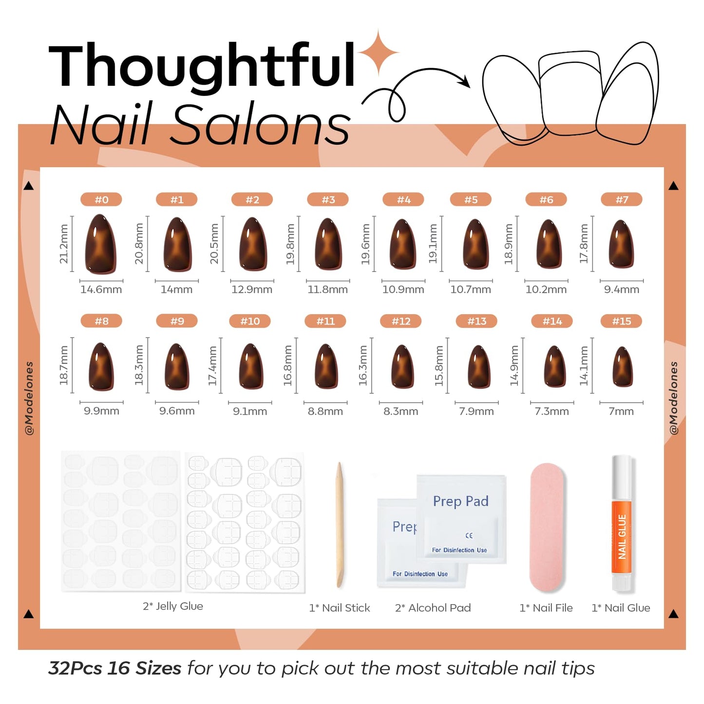 Modelones Brown Press on Nails Almond, Short Fake Nails, Reusable Nail Kit with Nail Glue Adhesive Tabs Mini Nail File, Nails Press Ons 32Pcs 16 Sizes, Women Girl Gift, Amber
