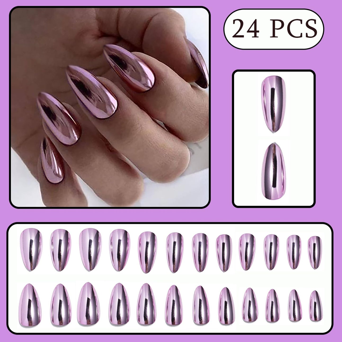 Pale Pink Chrome Press on Nails Medium Almond Fake Nails Rose Pink Electroplating Chrome False Nails Metal Mirror Acrylic Stick on for Women Girls Manicure Decoration 24Pcs