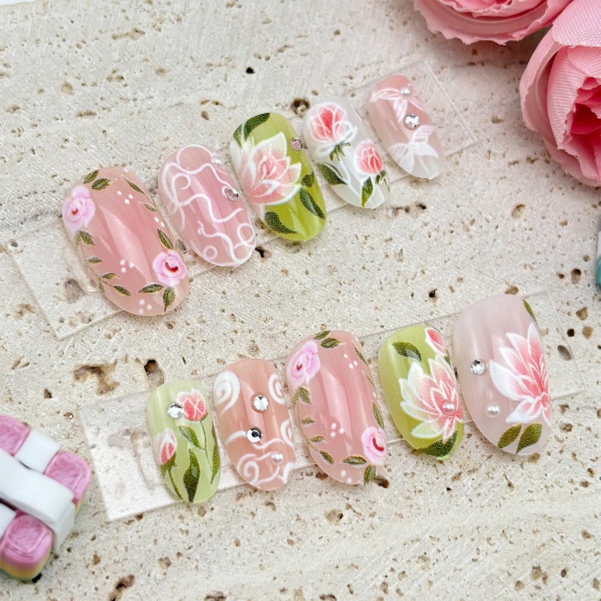 24Pcs Pink Flower Press on Nails Short Ellipse Spring Fake Nails with White Lines Butterfly Design Cute Acrylic Nails Green Leaf False Nails Rose Floral Glue on Nails for Women Spring Summer Manicure