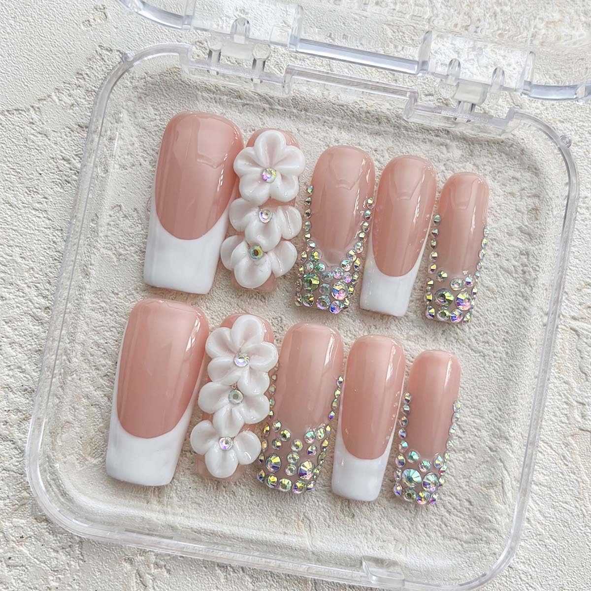 10Pcs Press On Nails Handmade Nails Long Square Fake Nails 3D Flower With Rhinestone Design French Tip False Nails Full Cover Acrylic Reusable Stick On Nail For Women(SIZE:S)