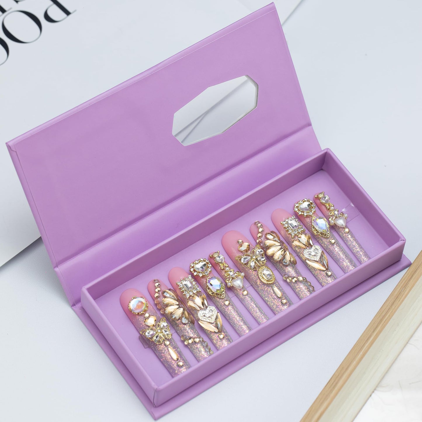 Tmani 10pc/set Extra Long Handmade Press On Nail Hot Girl's Long Ballet Nails Square Nail Full of Diamond Glitter Decoration Fake Nails Suitable For Girls Festival Parties and Birthday Gift(Pink,S)