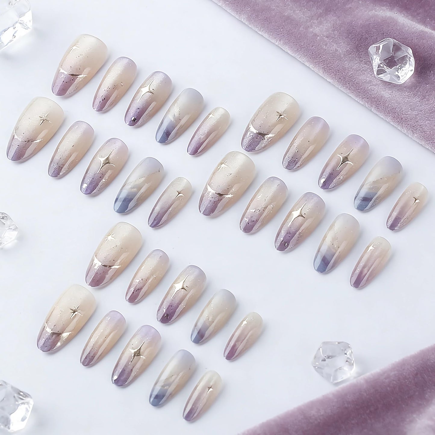 BABALAL Press On Nails, Medium Almond Fake Nails, Purple Blue Ombre With Gold Star, Glitter Finish Full Cover Glue On Nails For Women And Girls 24Pcs