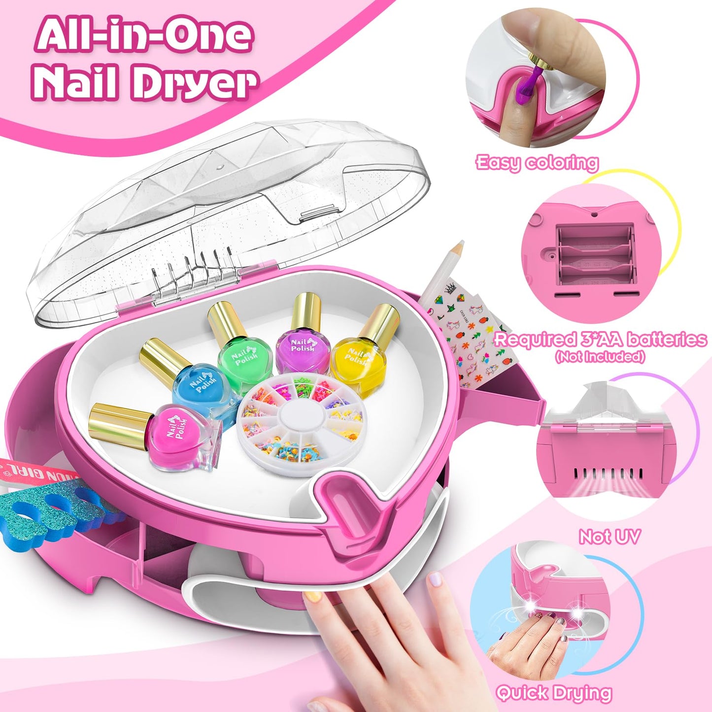 Ylovetoys Kids Nail Polish Set for Girls, Nail Art Kit for Kids Ages 7-12, All-in-One Nail Salon with Nail Dryer & Press On False Nails,DIY Decorative,Non-Toxic Polish,Stickers, Little Girl Gift Toys