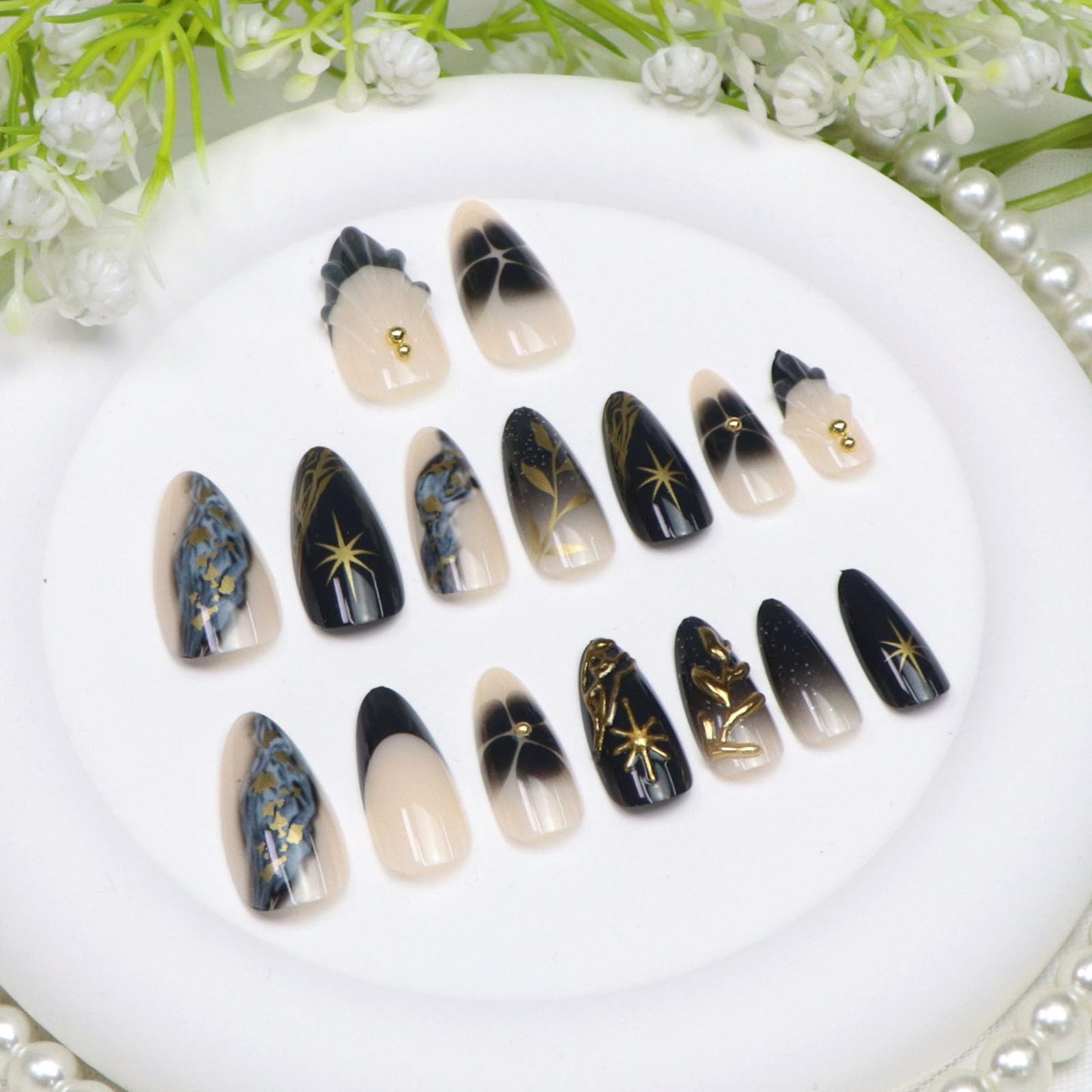 Almond Press on Nails Medium False Nails with 3D Water Ripples Golden Stars Pearls Leaves Flowers Designs Nude Acrylic Nails Press ons Black French Fake Nails for Girls 24Pcs