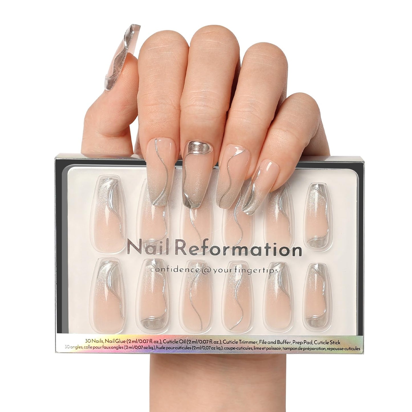 Nail Reformation Press On Nails, Shooting Star | Pink Long Coffin Fake Nails with 3D Metallic in a Glitter Finish, Reusable Stick On Nails in 15 Sizes - 30 False Nail Kit with Glue, Gifts for Women