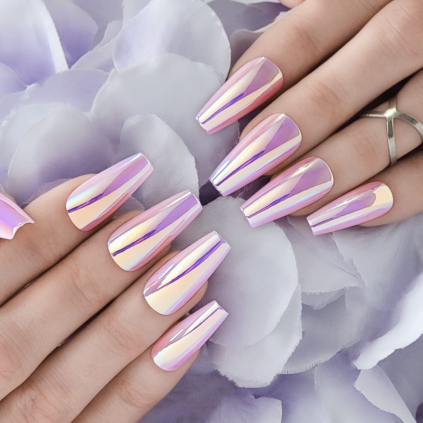 Hypnaughty Press On Nails - Party Star Coffin & Light Pink Almond Chrome, Trendy & Salon Quality Reusable Nails With Kit