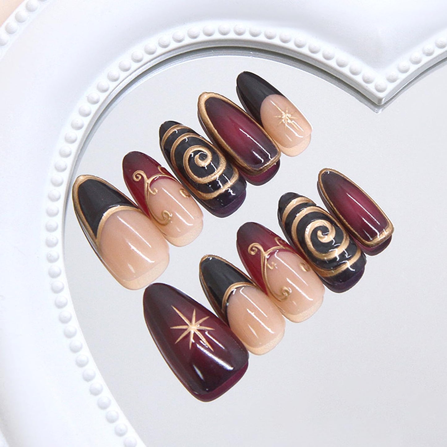 24Pcs French Tip Press on Nails Medium Almond with Irregular 3D Gold Line Purple Night Starlight Design French Style Manicure Glossy False Nails Full Cover Artificial Glue on Stick on Nails for Women