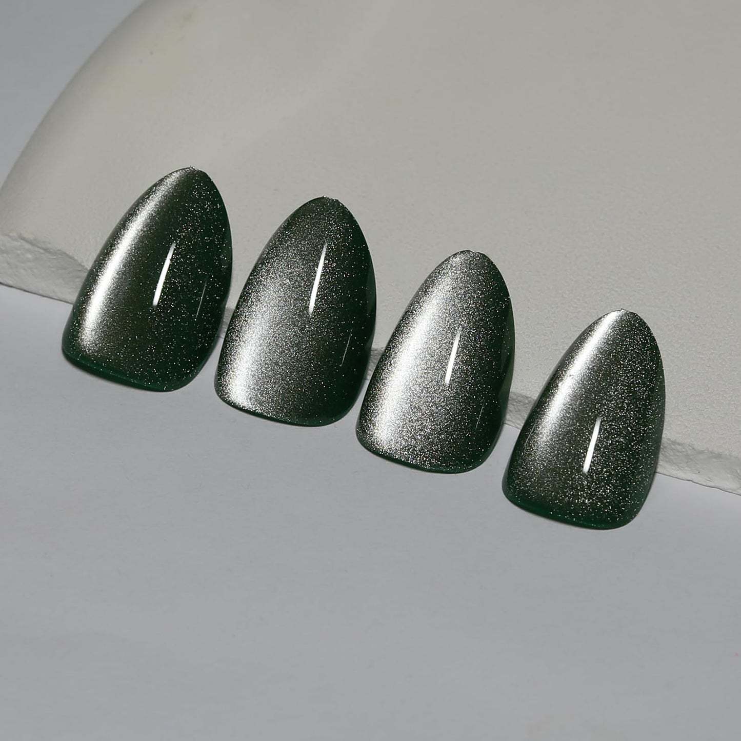 Almond Press On Nails Short, Green Cat Eye Press on Nails with Glue for Women Ashionable Gel False Nails Reusable Acrylic False Nails Women's Glitter Nails Glue On Nails Kit, Avocado Green