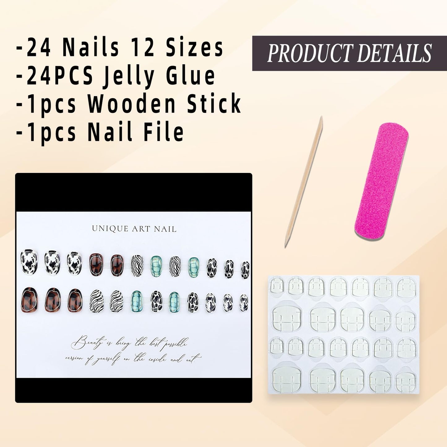 Jremg Animal Stripes Press on Nails Short Almond Fake Nails with Designs Glossy 3D Silver Circle Lines False Nails Zebra, Turtle, Leopard Glue on Nails Reusable Stick on Nails for Women 24Pcs