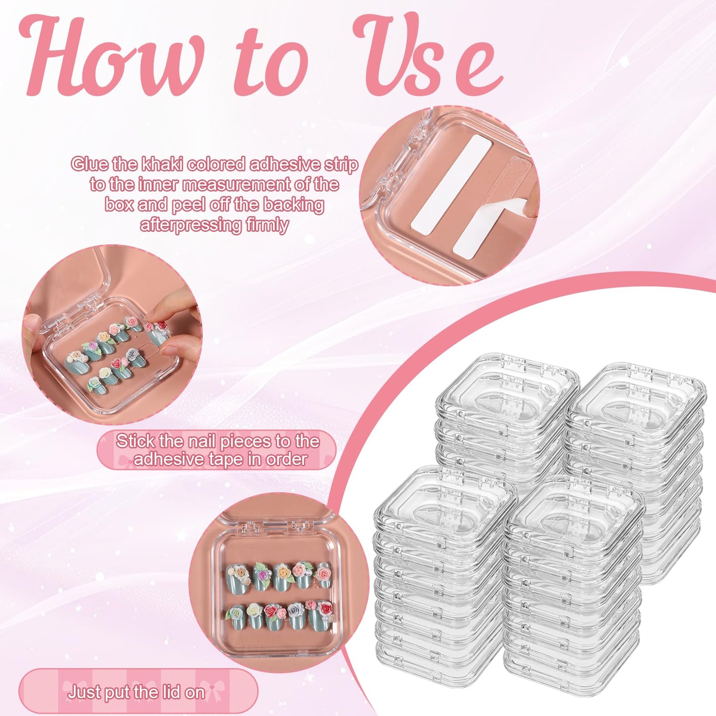 SHENLIU 50 Sets Press On Nail Storage Box, Clear Artificial Nail Display Case Acrylic Nail Boxes Press On Nail Packaging Box with Adhesive Double Sided Tape Nail Boxes for Nail Salon