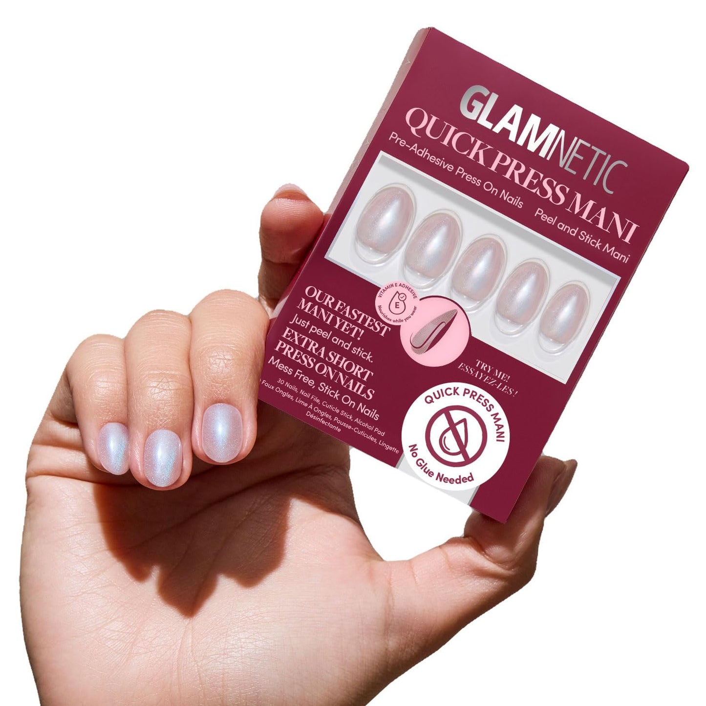 Glamnetic Quick Press Mani Bundle - No Glue Press On Nails, Just Peel and Stick | Nude Glazed, Sparkly Moss & Ocean Prism | Mess Free Salon Quality Stick On Nails | Oval & Almond Extra Short Nails