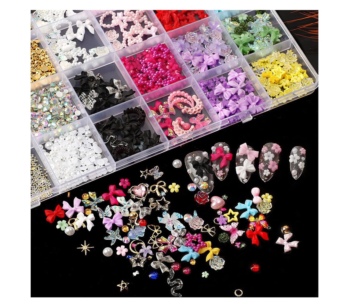 28 Grids Nail Art Decorations Set - 3D Flower Butterfly Bow Star Heart Charms, Rhinestones Gems Pearls, Mixed Metal Nail Jewelry for Acrylic Nails, DIY Manicure Accessories Kit for Women & Girls