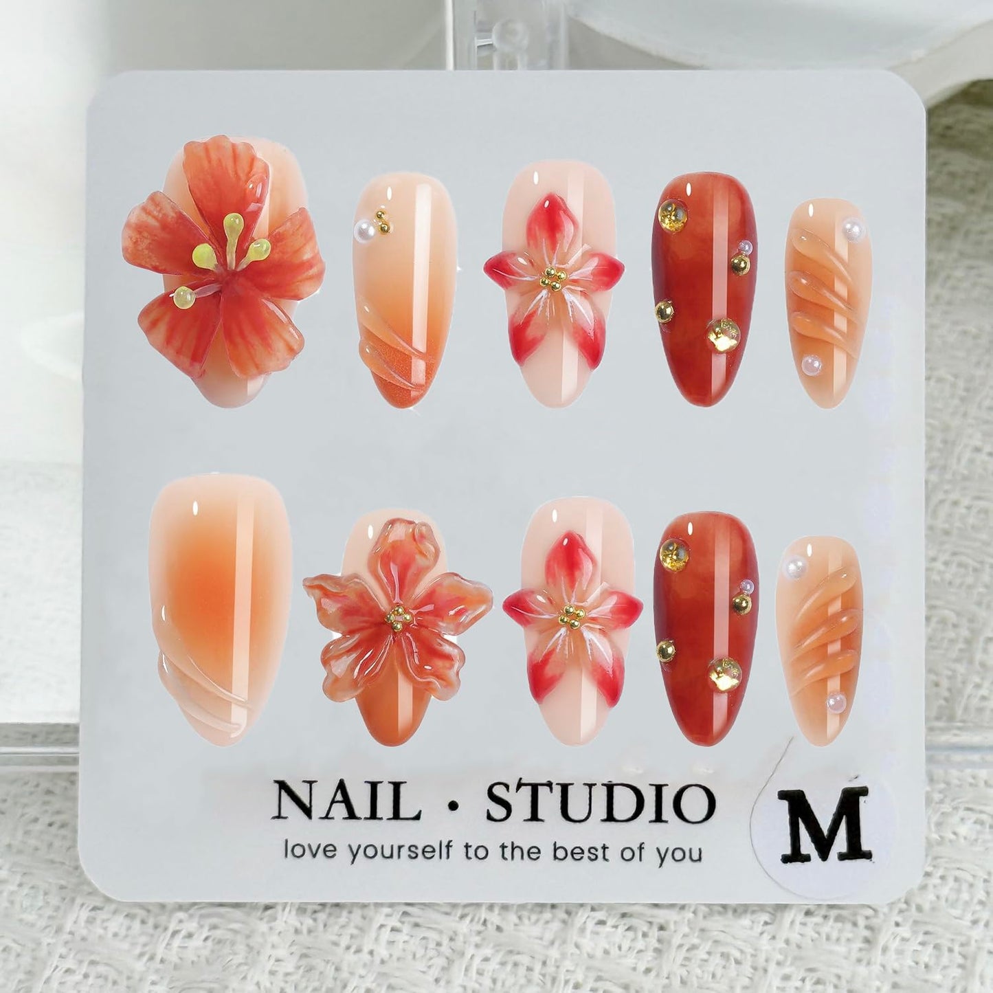 Handmade Press on Nails Medium Almond Glitter Fake Nails 3D Luxury Flower and Rhinestones Embossed Designs Handmade for Girls Manicure Art Decoration Accessories (Size S)