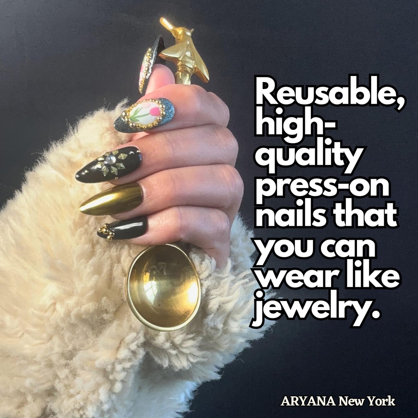 ARYANA NEW YORK 3D Press On Nails Handmade with Full Covered Crystals and Flowers Reusable Fake Nails Luxury Almond Nail Set, 10 PCS Acrylic Handmade Press On Nails - Flower Collection - (Small)