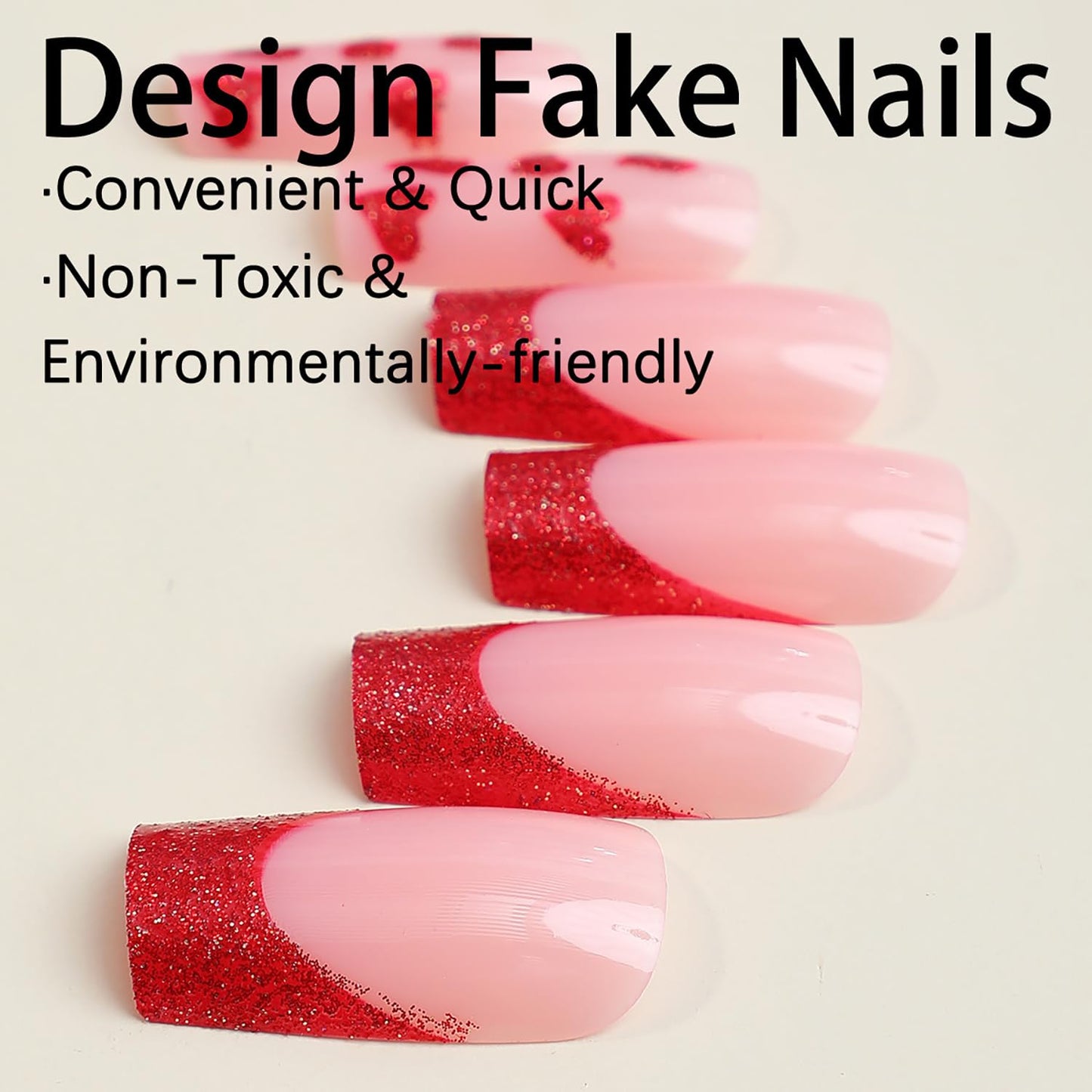 Red Heart French Tip Square Medium Press on Nails 24Pcs Glossy Full Cover Artificial Fake Nails with Designs Acrylic Coffin False Nails Sets Women Glue Stick on Fingernails with Charm