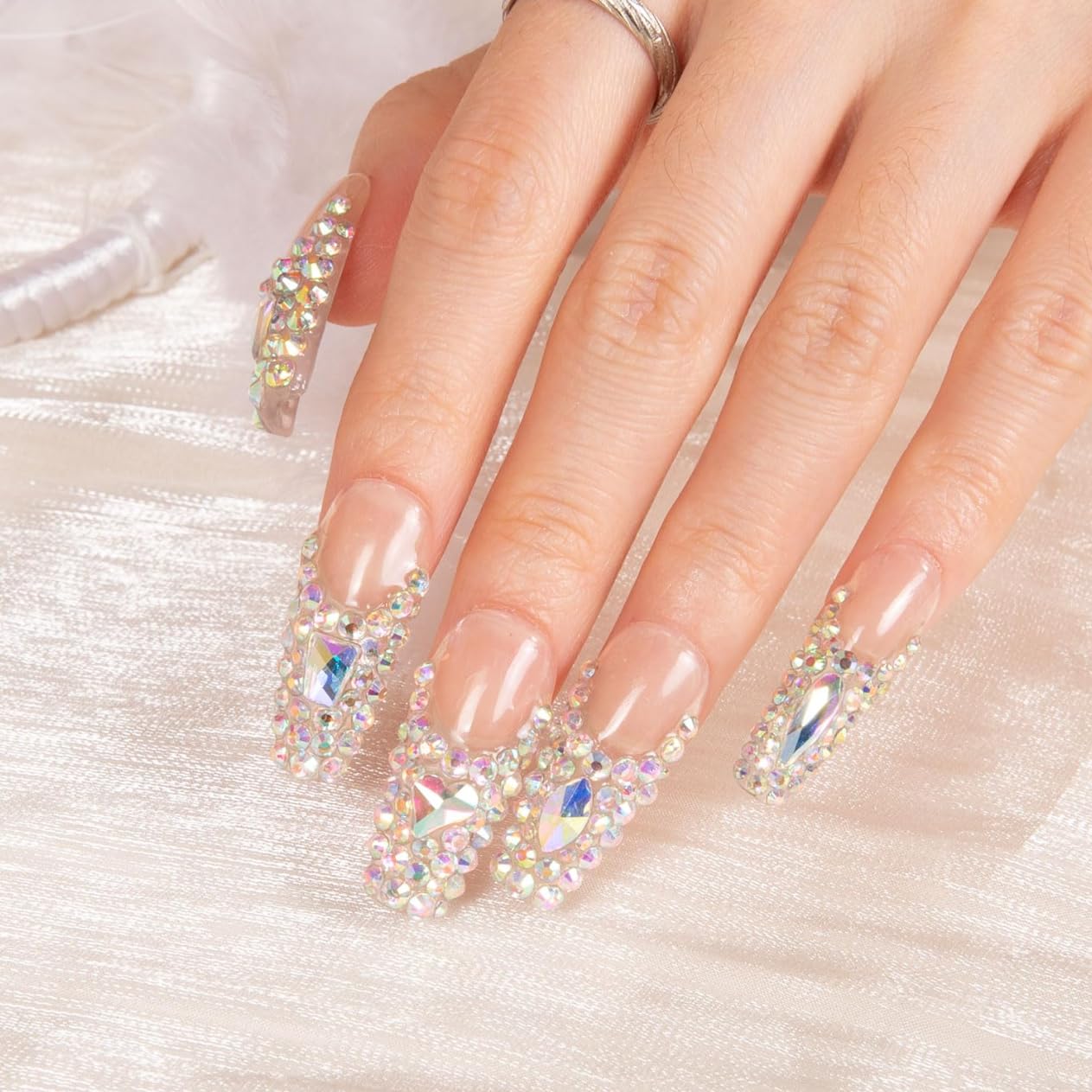 LOVFUL Reusable Press on Nails | Salon Quality Sustainable Style Handmade with Full Covered Crystals | Coffin Classic Regular 1.3 in | (Angel's Tear Rhinestone, S)