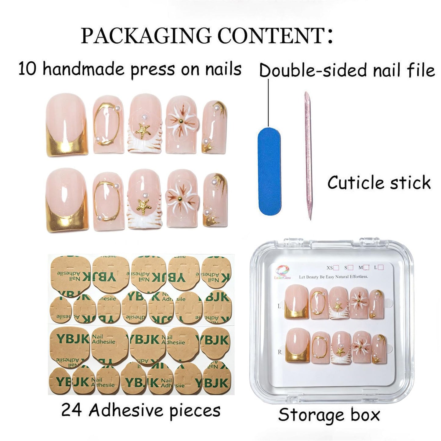 EasierGlow 10Pcs Handmade Short Square Press On Nails | Easy Apply & Remove, Reusable Salon Quality Nails | Nude Press Ons with Gold French Tips, Starfish & Pearl Accents(Y212, S)