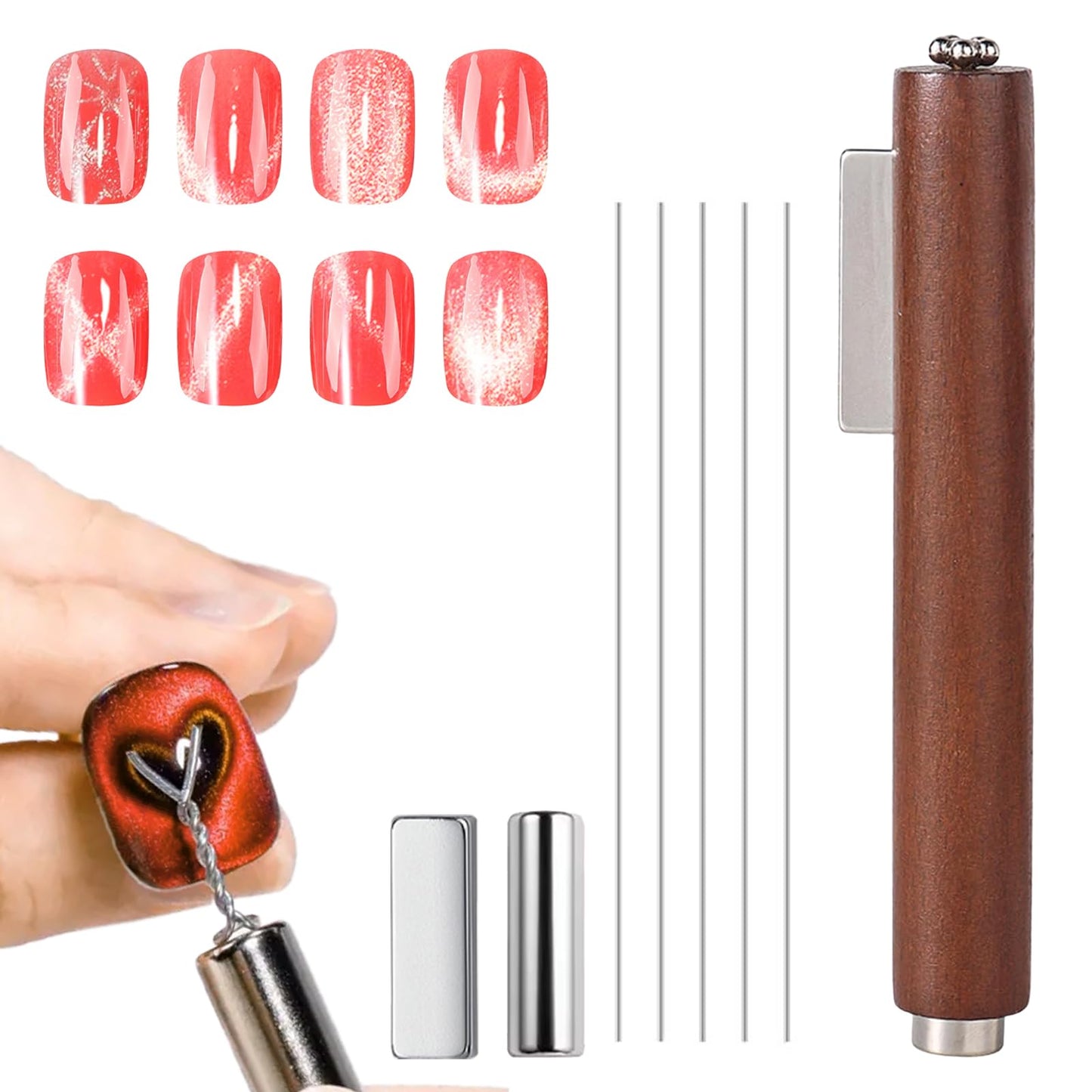 DANNEASY 3 In 1 Nail Magnet with 1 Square Magnet, 1 Cylinder Magnet, 5 Metal Stripes, Cat Eye Magnetic Gel Polish Mahogany Magnet For Heart Flower & Black Hole Nail Art DIY Tools Design