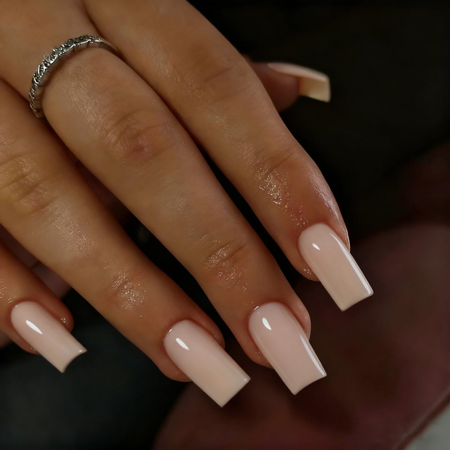SXVME Press On Nails Long Square - Sheer Nude Press on Nails with Glue for Women, Natural Skin Tone Fake Nails Press ons Medium, Glossy Soft Gel Glue on Nails Coffin, Reusable Nail Stick Ons, 24 Pcs