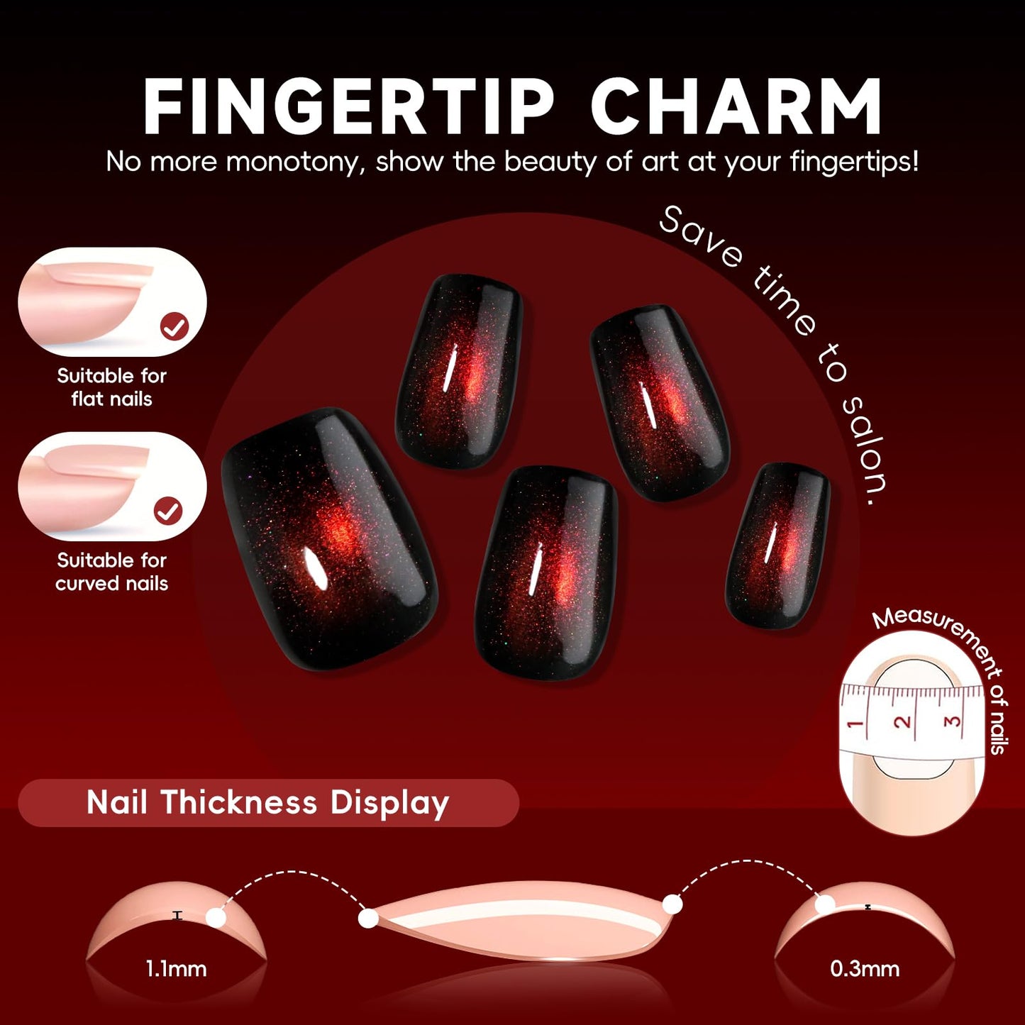 HOSAILY Black Red Cat Eye Press on Nails Short Square Cherry Christmas Fake Nails with Shimmer Design, 24pcs Glossy Soft Gel Glue on Nail Coffin, Salon Quality Stick on Nail Winter Press Ons for Women