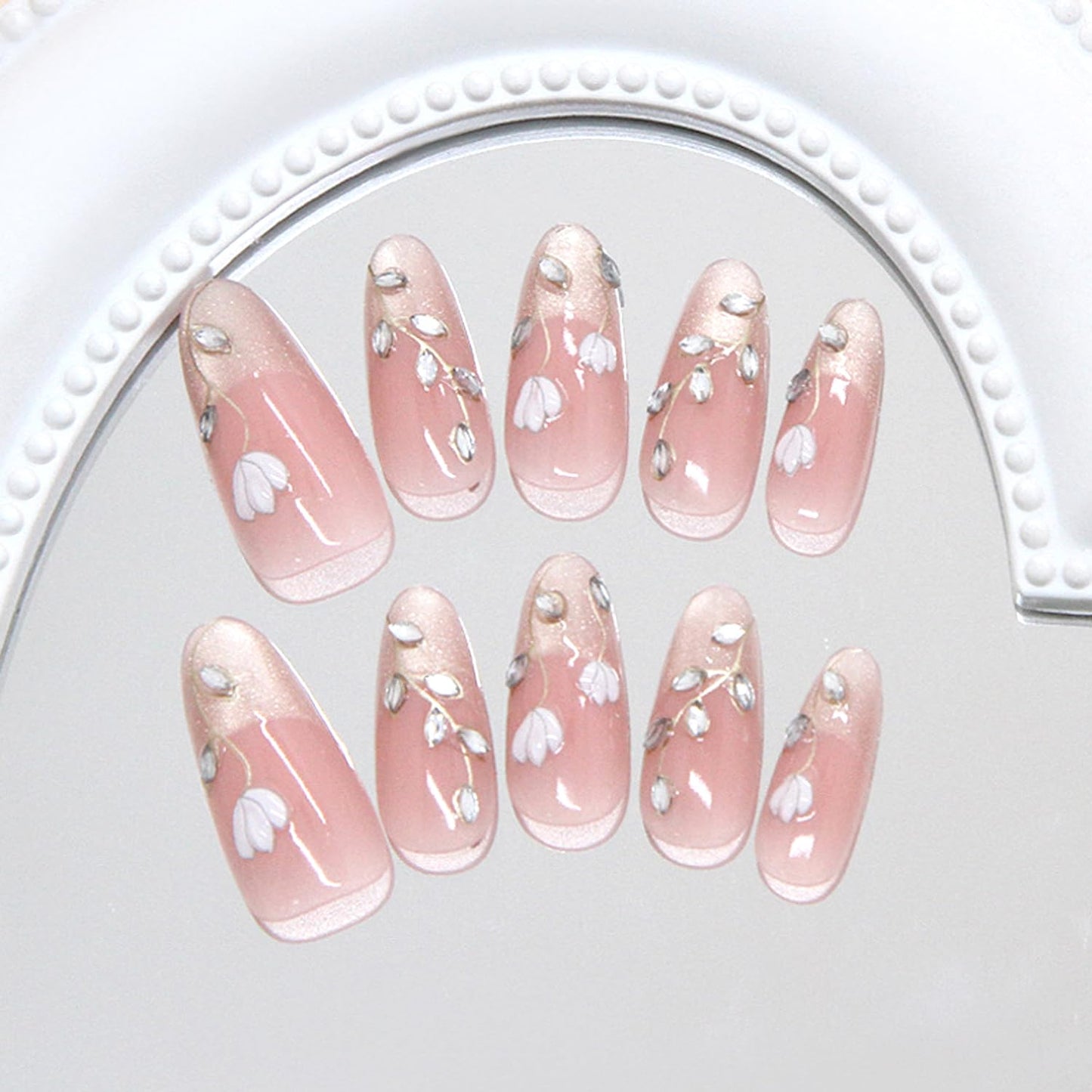 30Pcs Flower Press on Nails Medium Almond Fake Nails with 3D Rhinestone Design Gold Glitter French Tip False Nails Pink Glossy Full Cover Cute Floral Reusable Spring Summer Gel Acrylic Nails for Women