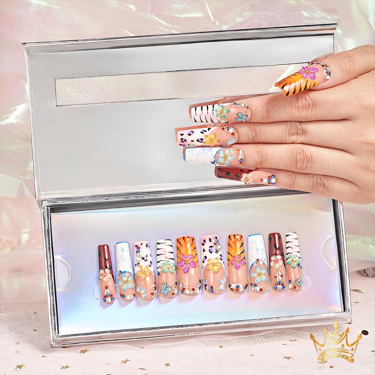 Kismizzle Press On Nails - Nile Fierce | Handmade Acrylic Long Square Nails with Animal Print, 3D Flowers & Rhinestones | Reusable 10PCS Nail Kit, Multicolor (Multicolor, Medium)