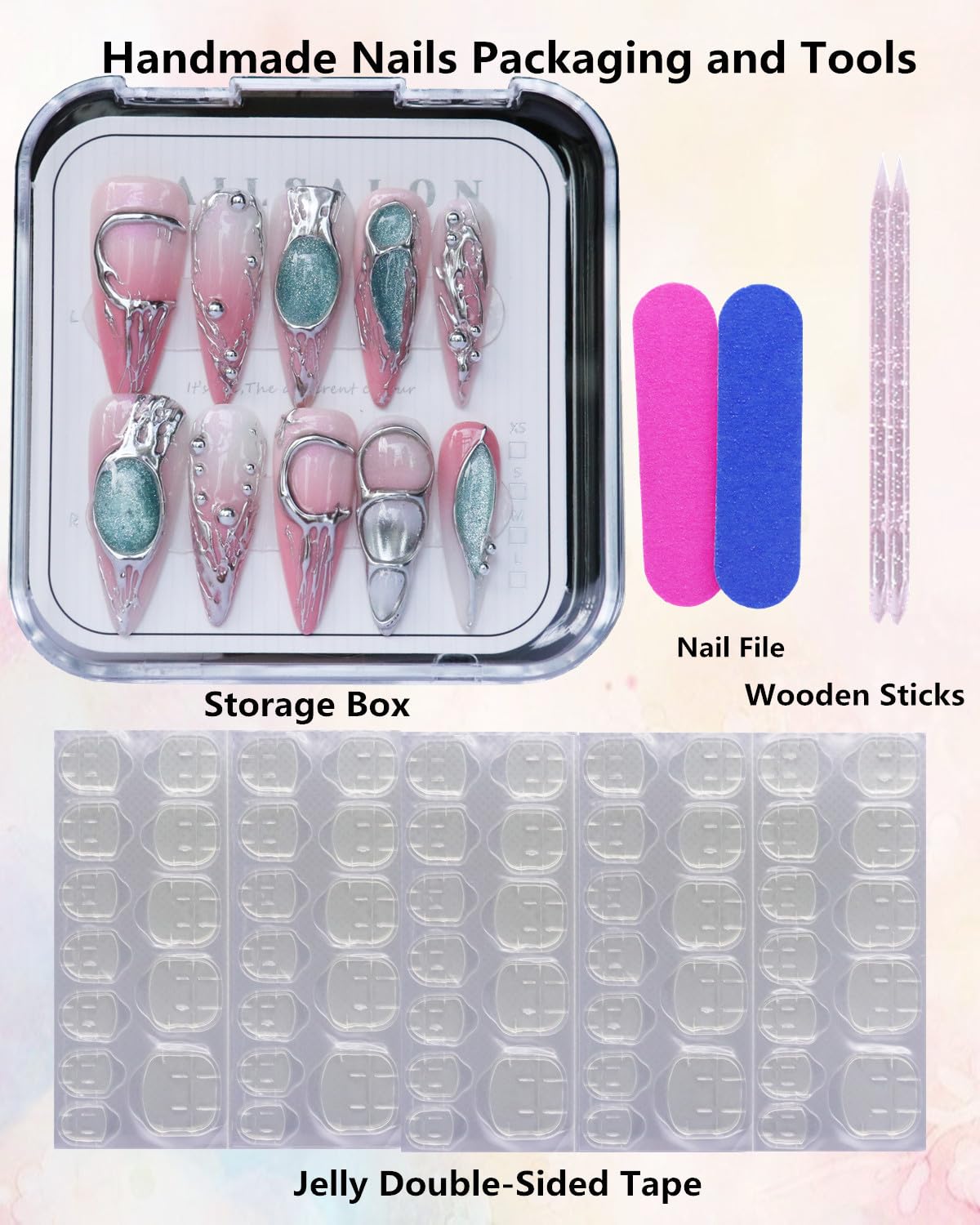CAMILCY Luxury Handmade Press On Nails Pink Gradient Green Glitter Metallic 3D Design Long Stiletto Fake Nails Salon Quality Reusable Acrylic Nails for Women (B06, L)