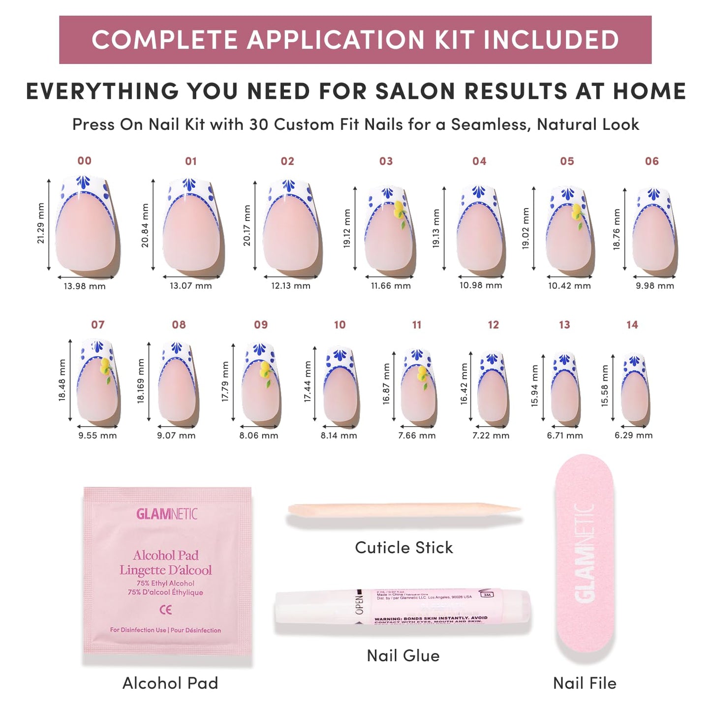 Glamnetic Press On Nails - Medium Coffin Fake Nails with Blue & White French Tips | Salon Quality Vacation Nails | Tuscan Twist | 15 Sizes - 30 Nail Kit with Glue