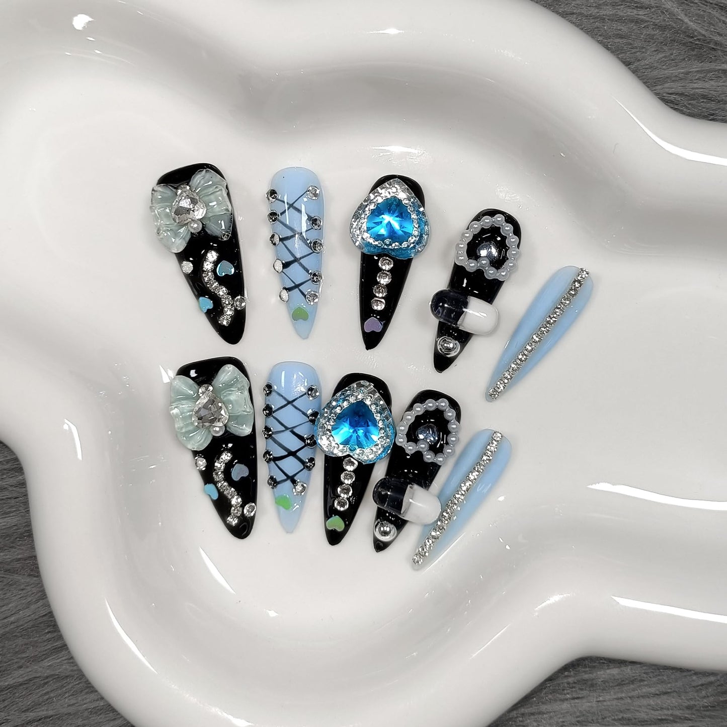 TENPAL 10Pcs Gothic Press On Nails Long Stiletto,Baroque Cameo & Floral Lace French Tip Glue on Nails with 3D Charms,Victorian Gothic Nails w/Tools,Glossy Dark Romantic Fake Nails for Party Event(S)