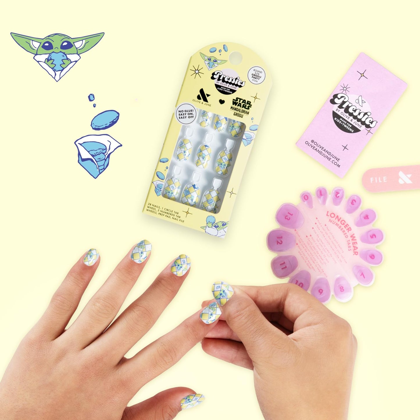 Olive & June Pressies Kids Press-On Nails (No Glue) | Star Wars: The Mandalorian & Grogu | 28 Fake Nails, 14 Sizes, 1 Nail File | Easy On-Off Mani Non-Toxic Tabs | S/M, Round | Grogu Party