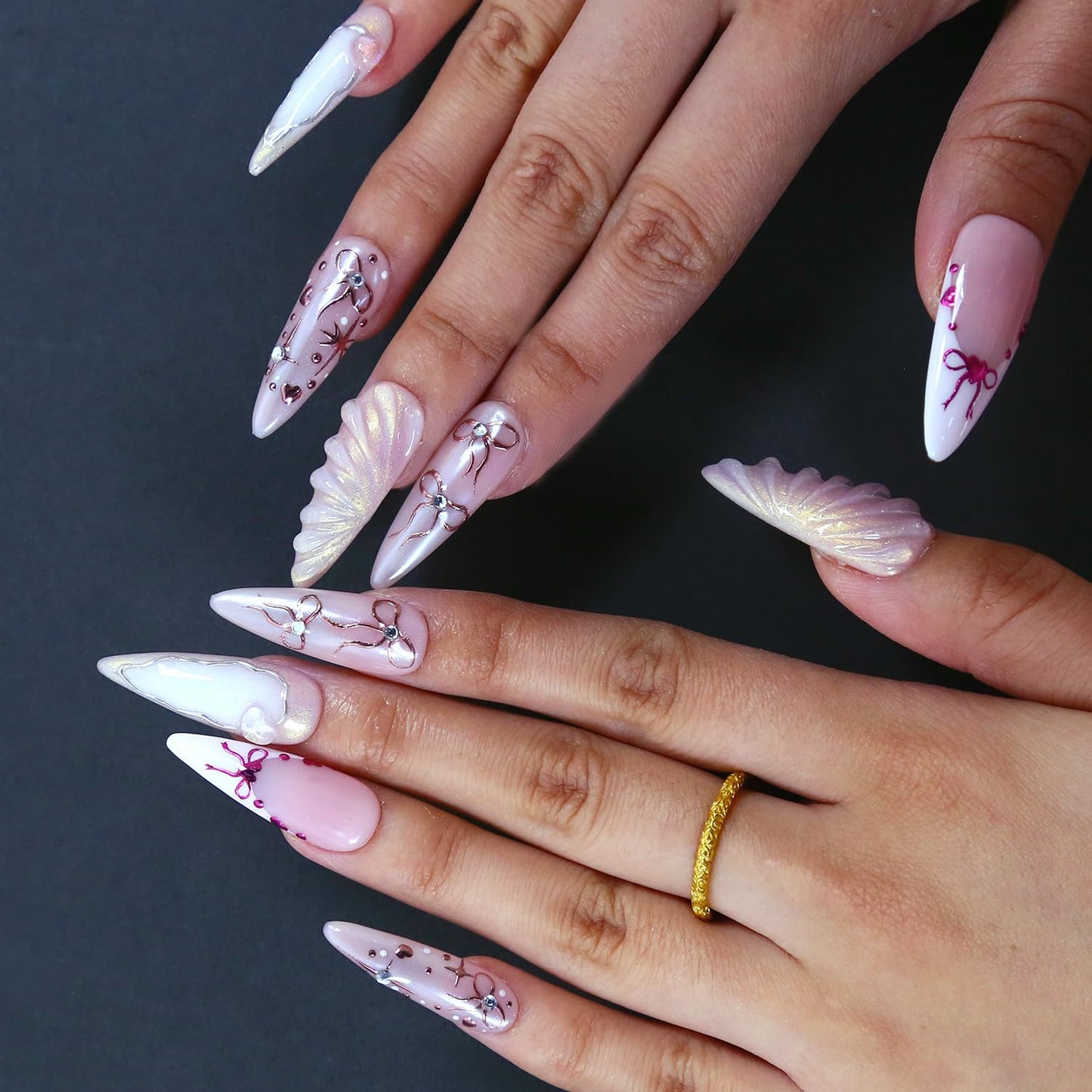 MXYIYANR Press on Nails stiletto Fake Nails Long French stick ons False Nails with 3D Flower False Fingernails Full Cover Stick ons for Women Manicure 10 Pcs (size L)