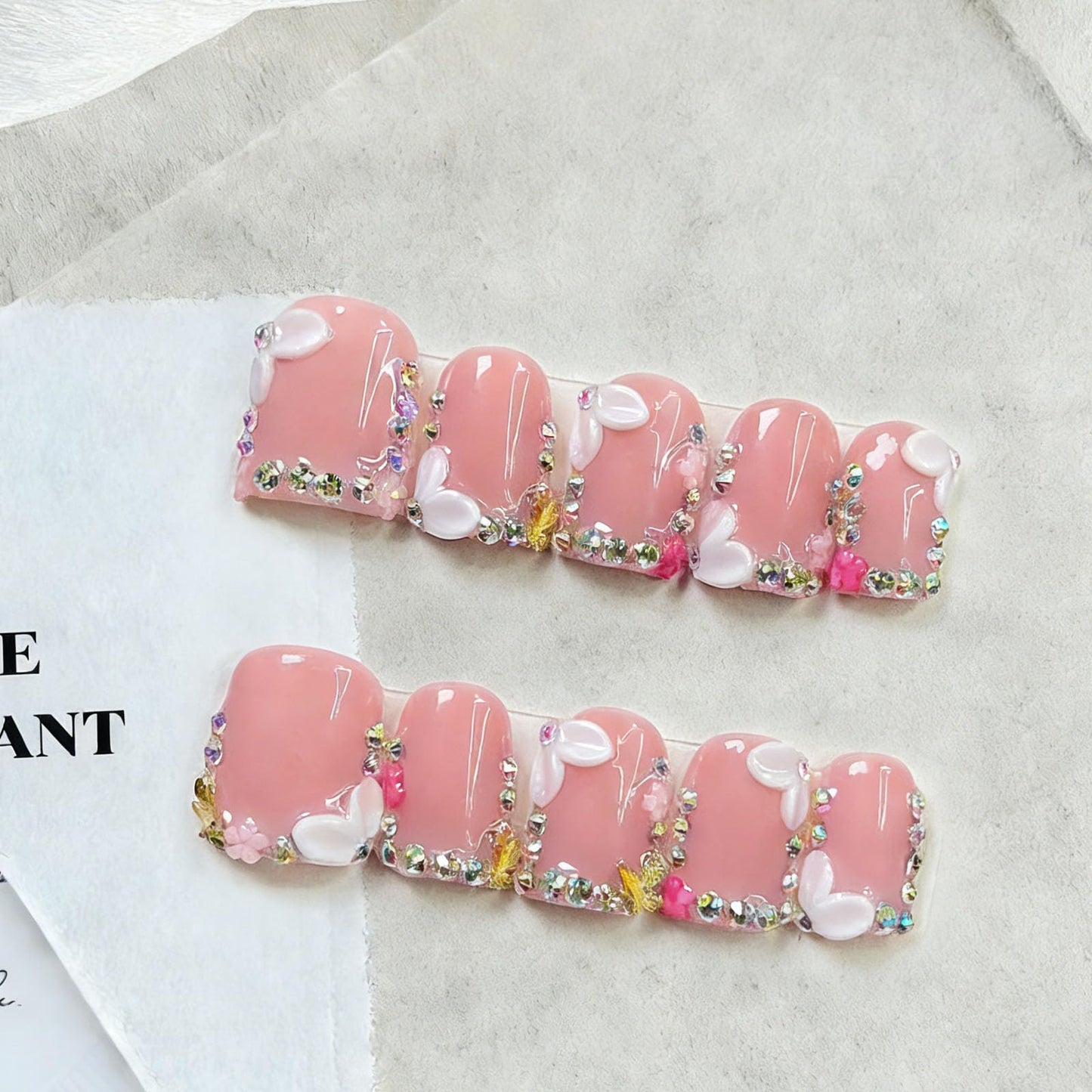 10 Pcs Pink Handmade Press on Nails Short Square Fake Nails with 3D Flower Rhinestones Charms Design Acrylic False Nails M Size Press Ons Nails Square for Women Manicure