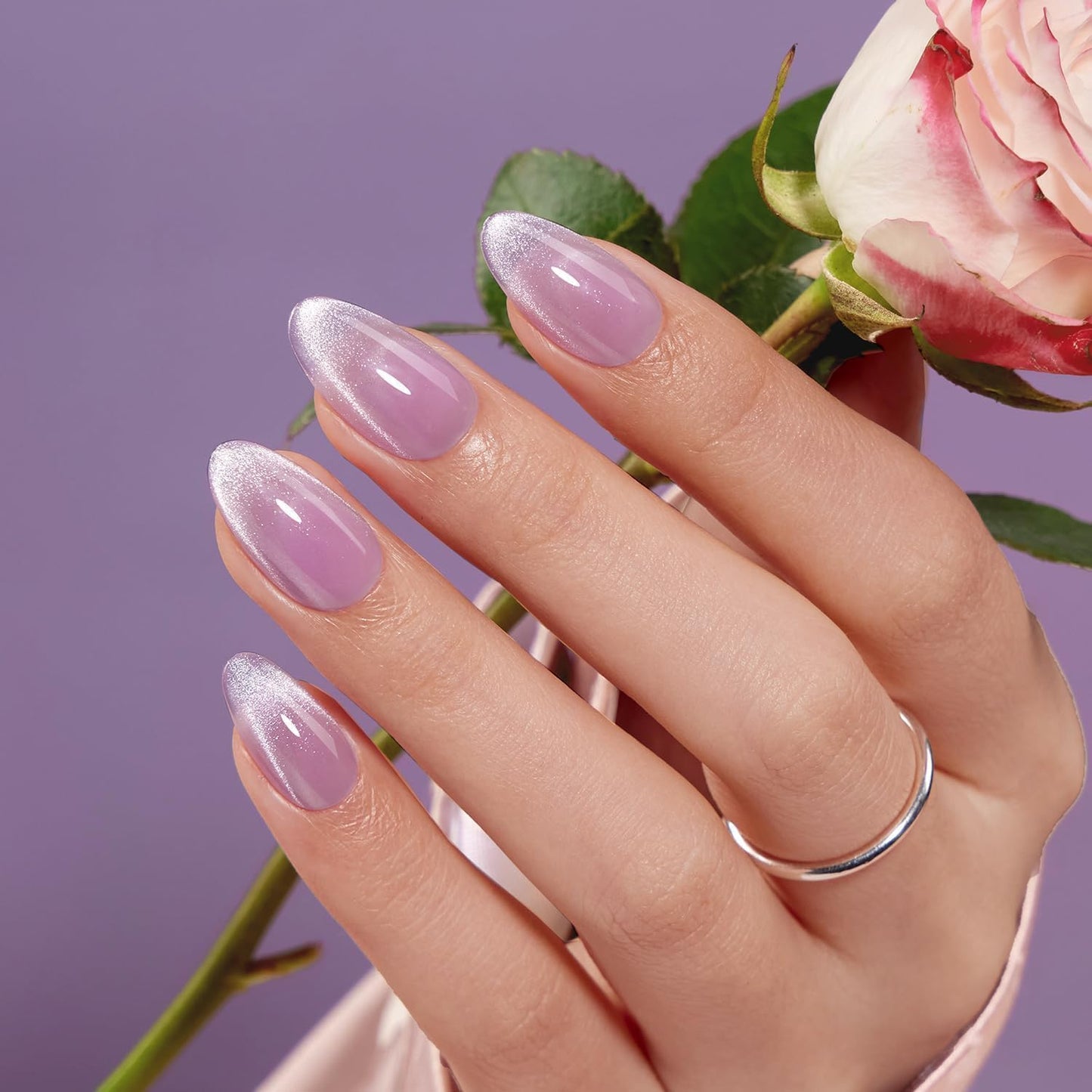 VSALON Almond Short Press On Nails, Pastel Light Purple Summer Ombre Sheer Cat Eye French Tip Light Curable Fake Nails, Reusable Stick On False Nails - 32 Pcs Nails Kit in 16 Sizes with Glues