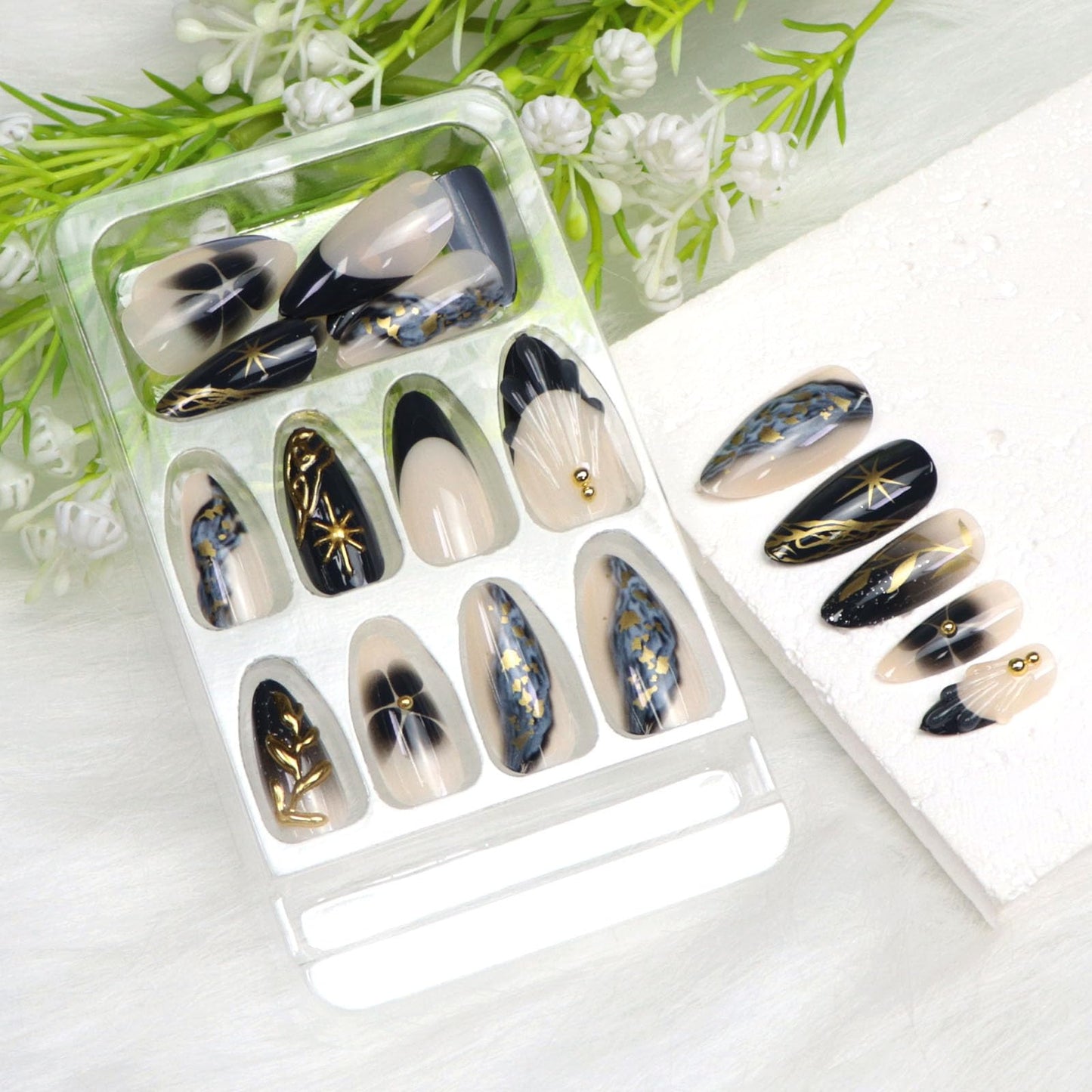 Almond Press on Nails Medium False Nails with 3D Water Ripples Golden Stars Pearls Leaves Flowers Designs Nude Acrylic Nails Press ons Black French Fake Nails for Girls 24Pcs