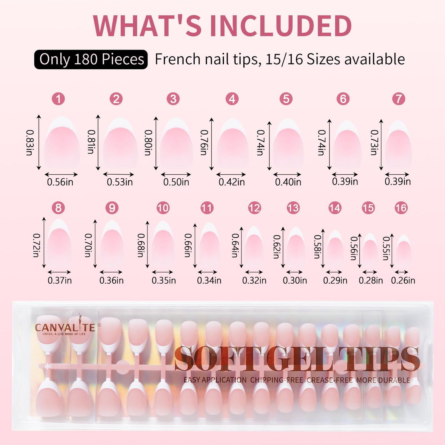 Canvalite Soft Gel French Tip Nails, 180 Pcs Almond Press on Nails for Women Flexible Pre-Painted White French Tip DIY Manicure Gifts for Women, Glue Not Included