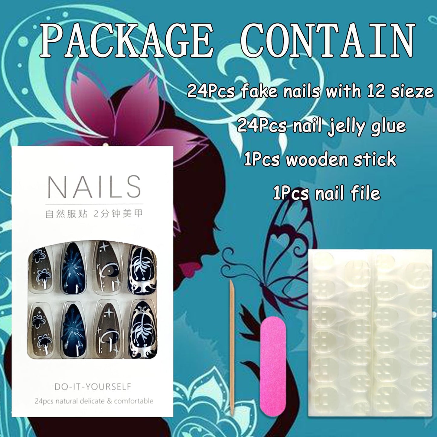 EYZOTSF Press on Almond Nails Medium Length Glossy Full Cover Acrylic Almond Shaped False Nails with Designs Artificial Fake Nail with Charms Glue Stick ons Fingernails for Women Girls(Z1110)