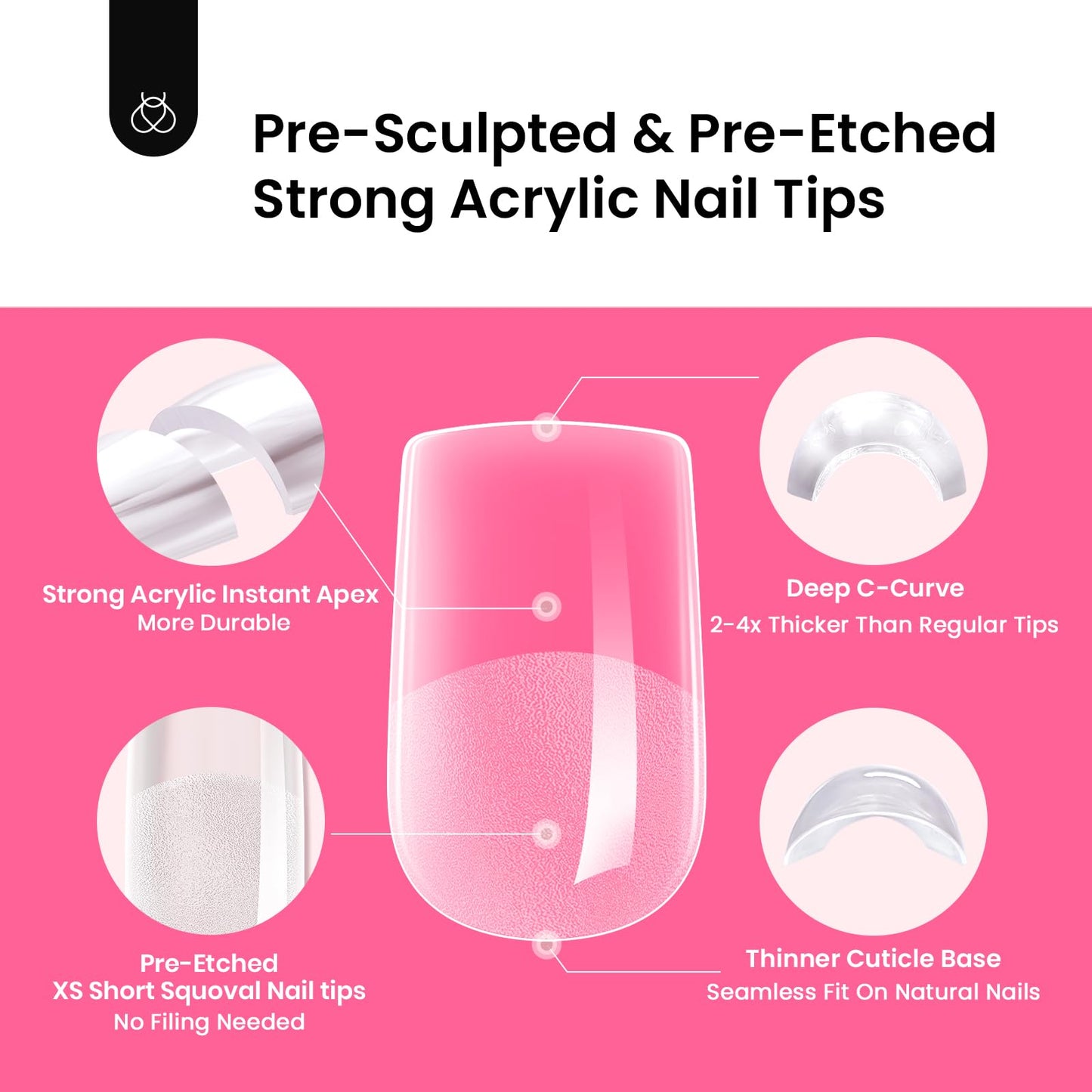 Beetles Tipex Instant Apex Nail Tips Kit, Extra Short Squoval 224Pcs 16 Sizes Pre-Building & Pre-Etched Gel Nail Tips Thicker Acrylic Nails False Nail Extension with Tipex Uv Nail Glue Mini Nail Lamp