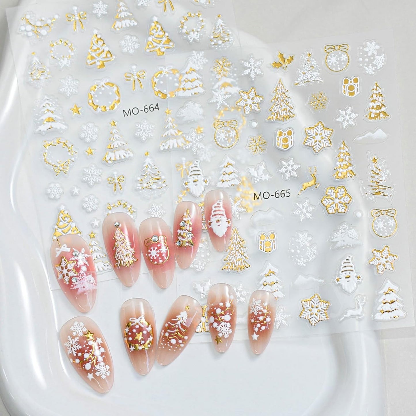 3Pcs 3D White Christmas Nail Stickers Embossed Nail Decals with Gold Glitter Xmas Tree Snowman Snowflakes Elk Design Winter Xmas Nail Art Decoration Supplies Holiday Nail Sticker for Women