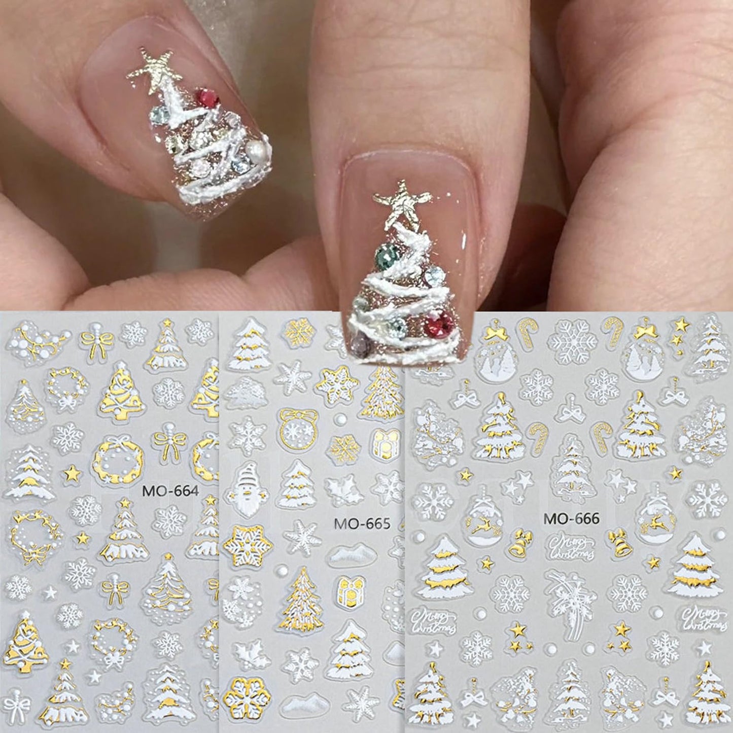 3Pcs 3D White Christmas Nail Stickers Embossed Nail Decals with Gold Glitter Xmas Tree Snowman Snowflakes Elk Design Winter Xmas Nail Art Decoration Supplies Holiday Nail Sticker for Women