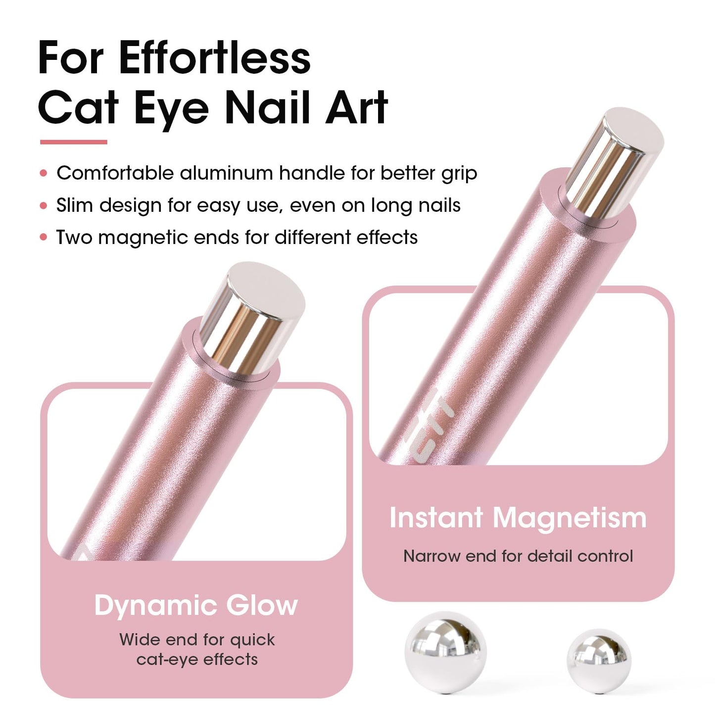 Gellen Pink Double-Ended Magnet for Cat Eye Gel Polish – Dual Cat Eye Nail Magnet Tool with Wide & Narrow Tips, Strong Magnetic Stick for Cat Eye Nail Art DIY Salon Use