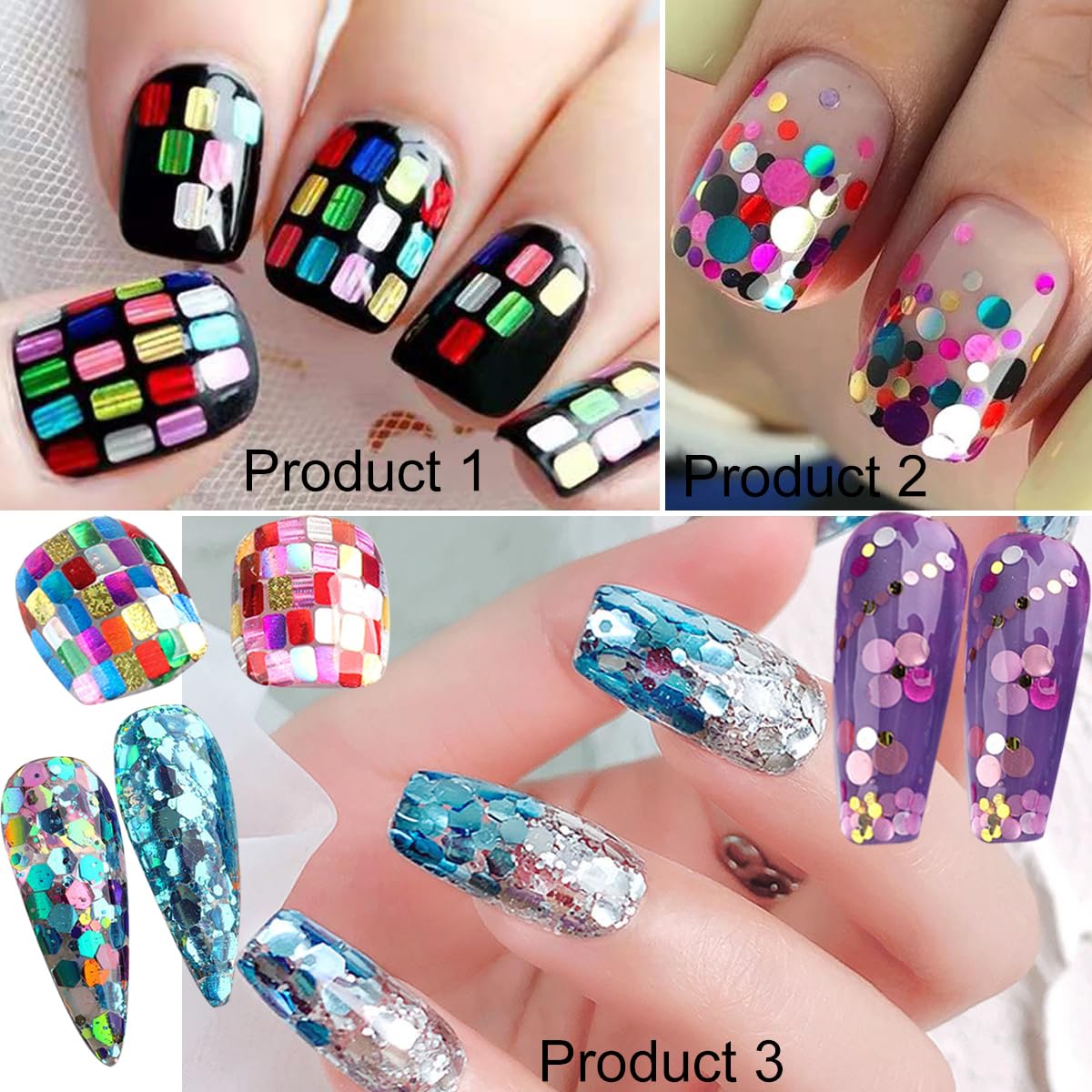 UARUOGP 3 Boxes 36 Grids Holographic Nail Art Sequins Mermaid Hexagon Round Square Nail Glitter Decoration,DIY Chunky Holographic Supplies 3D Laser Flakes Sparkly Acrylic