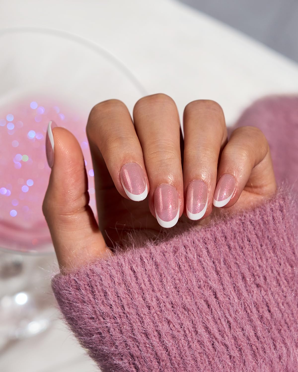 BTArtboxnails XCOATTIPS French Tip Press On Nails - Pink Glitter Base Short Oval Press On Nails, 96 Pcs Salon Quality Soak Off Soft Gel Nail Tips Extension in 16 Sizes