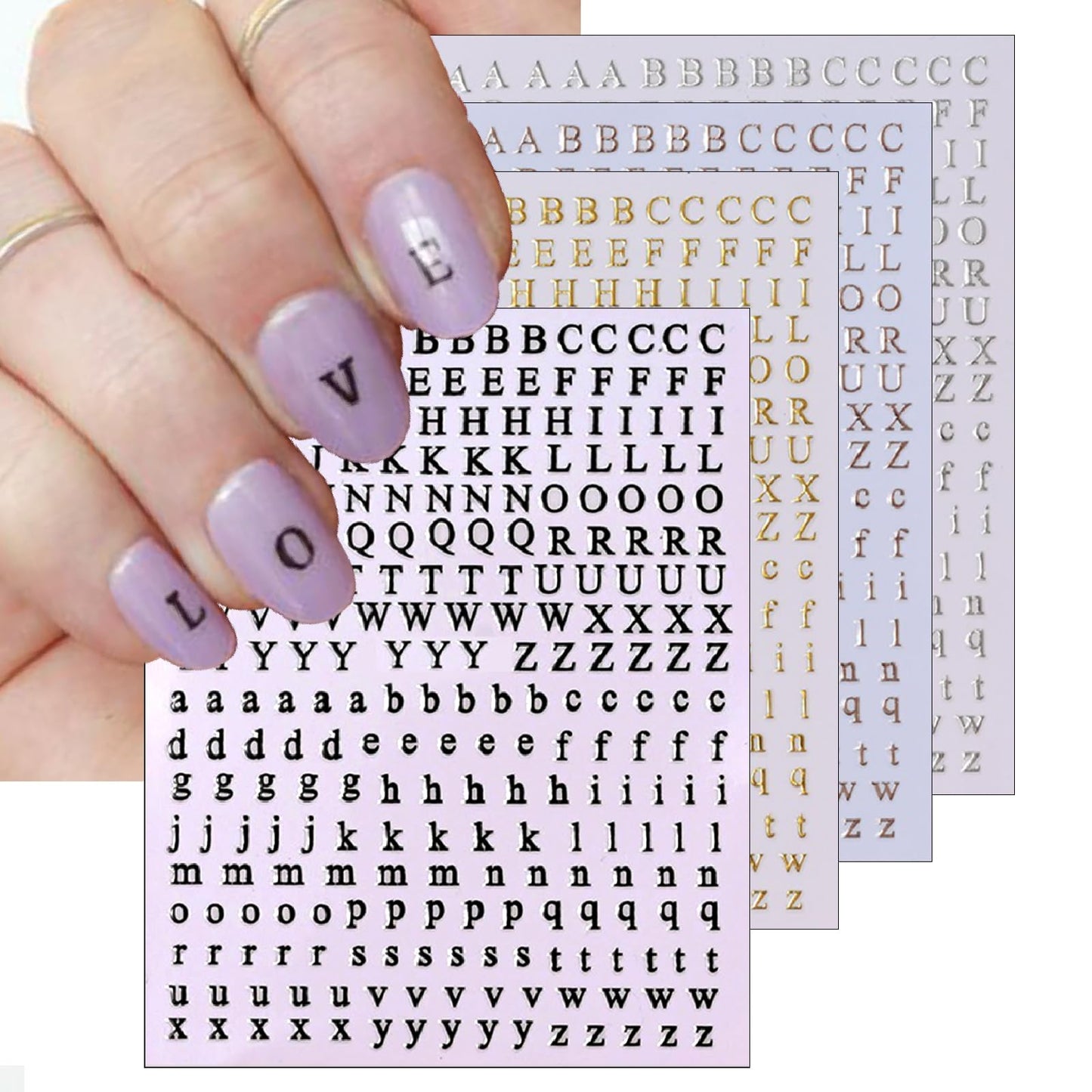 8 Sheets Holographic Digital Letter Nail Art Stickers 3D Self-Adhesive Black and White Letter Nail Stickers Gold and Silver English Characters Design Nail Supplies Women DIY Nail Art Decoration