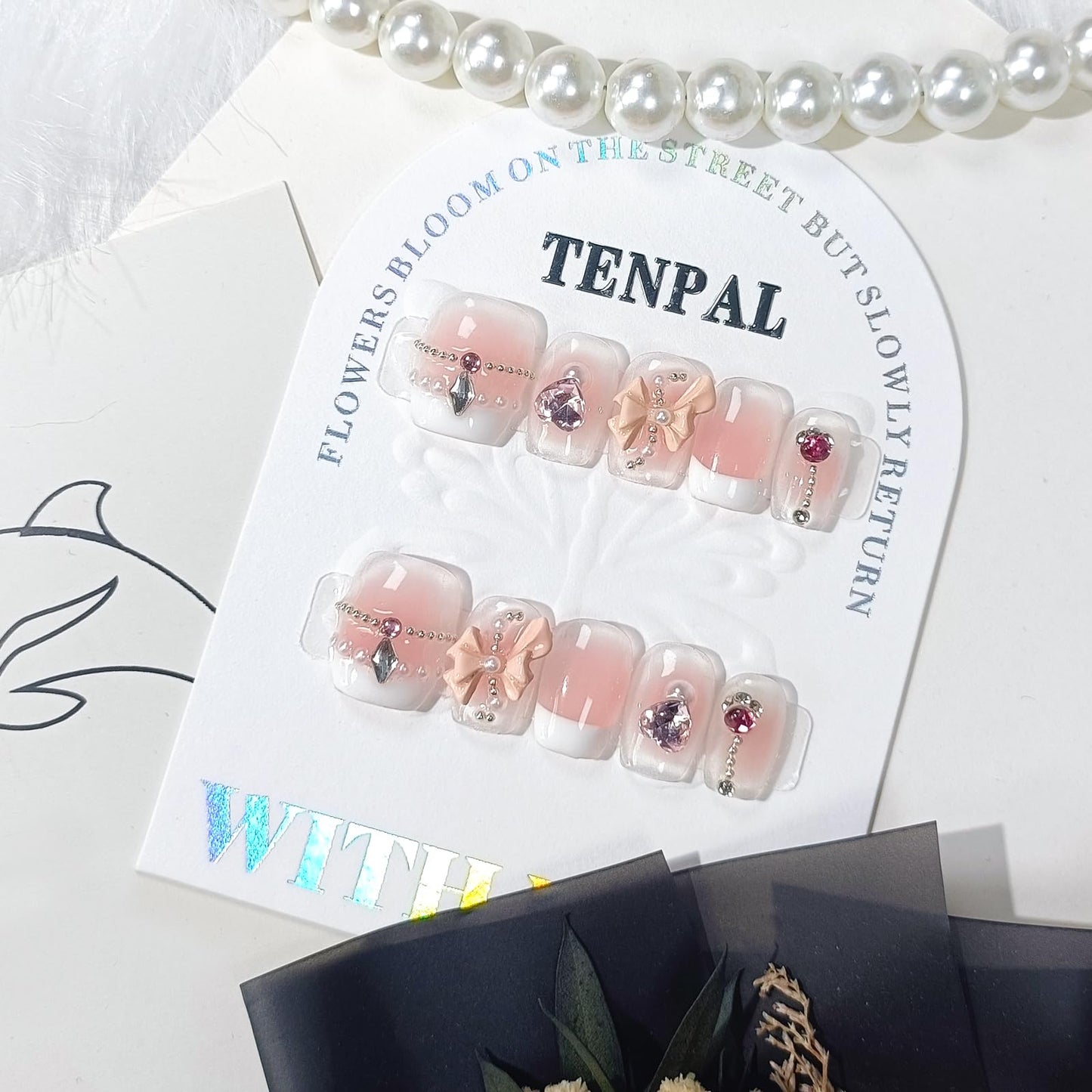 TENPAL French Tip Press on Nails Extra Short Acrylic Fake Nails With Beads Pearls Bow Charms 10pcs/Box Cute Natural Pink Nails Press ons For Women Girls Reusable Artificial Nails for Daily Wear(S)