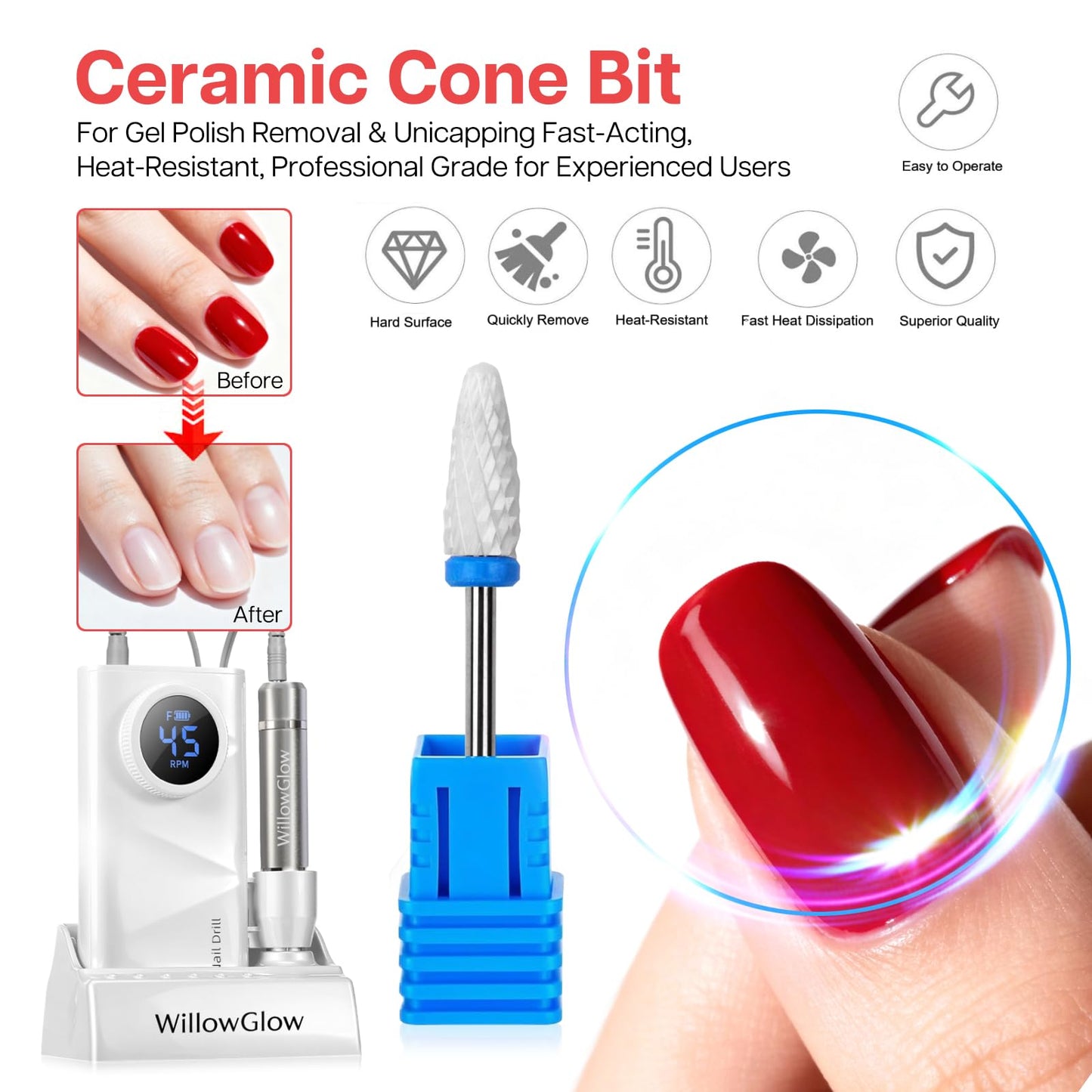 Nail Drill 45000 RPM with Charging Dock, Professional Efile Kit for Acrylic Gel Removal, Electric Nail File Machine with Ceramic & Tungsten Bits, for Home Salon Use