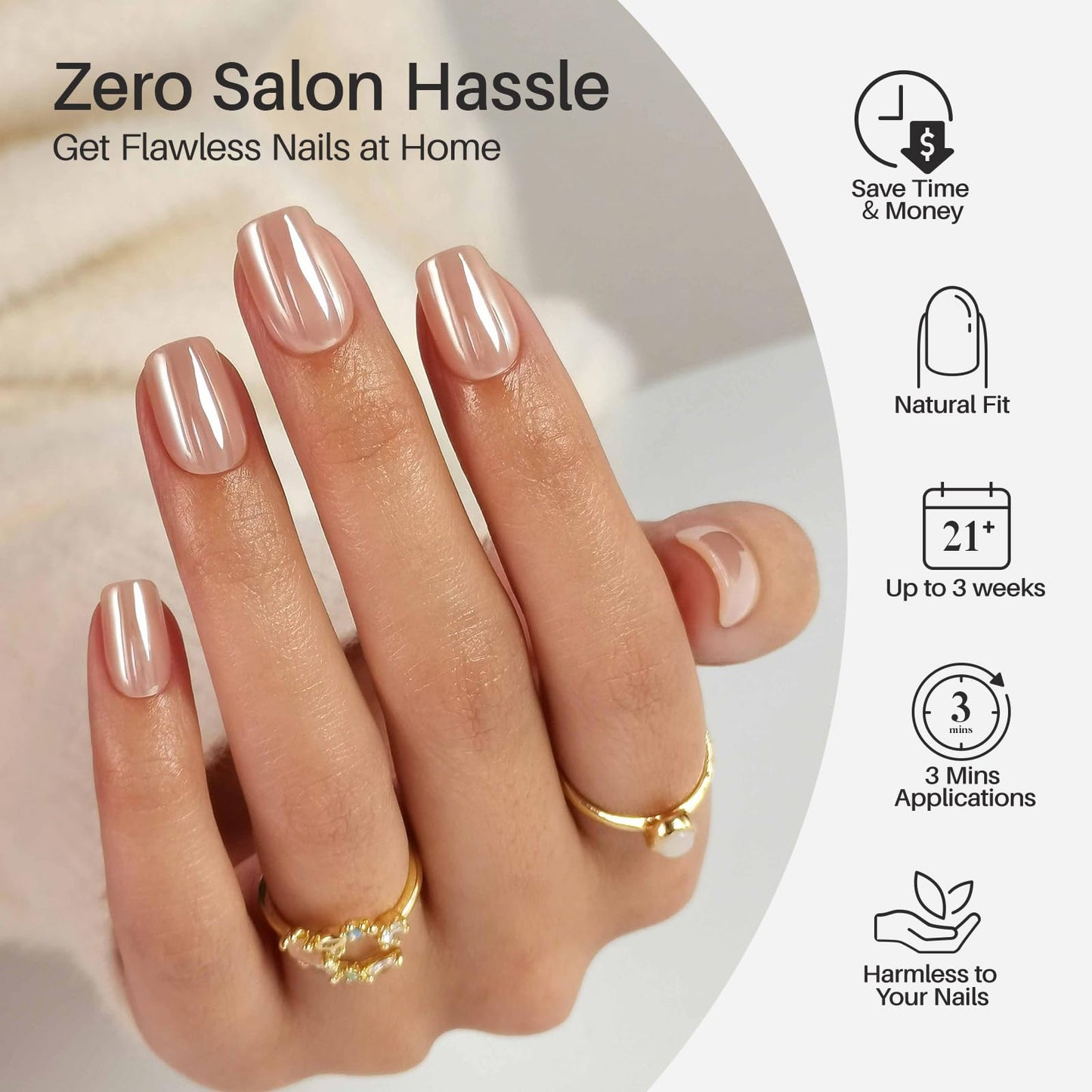 Nude Chrome Press on Nails Square - SHANGMENG Soft Gel Short Press on Nails for Women Gift, Fit Perfectly & Natural Glue on Nails in16 Sizes - 32 Reusable Fake Nails with Glue, Aurora Nude