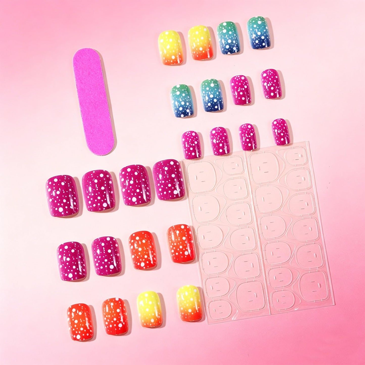 Polka Dots Press on Nails with Rainbow Design Glossy Multicolor Fake Nail Ombre Short Square False Nails Summer Stick on Nail Gradient Glue on Artificial Fingernails for Women Daily Wear