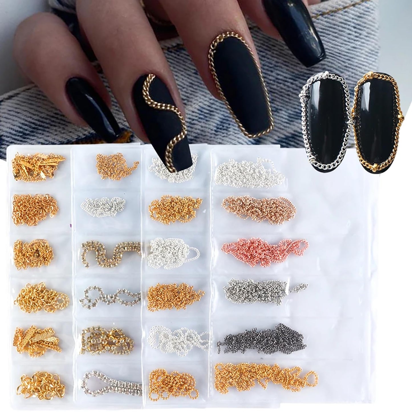 JERCLITY 4 Packs of 24 Strips Nail Chains for Nail Art Gold Silver Alloy Metal Nail Art Chains Gold Nail Charms Punk Nail Studs Jewelry Accessories for Women Nail Art