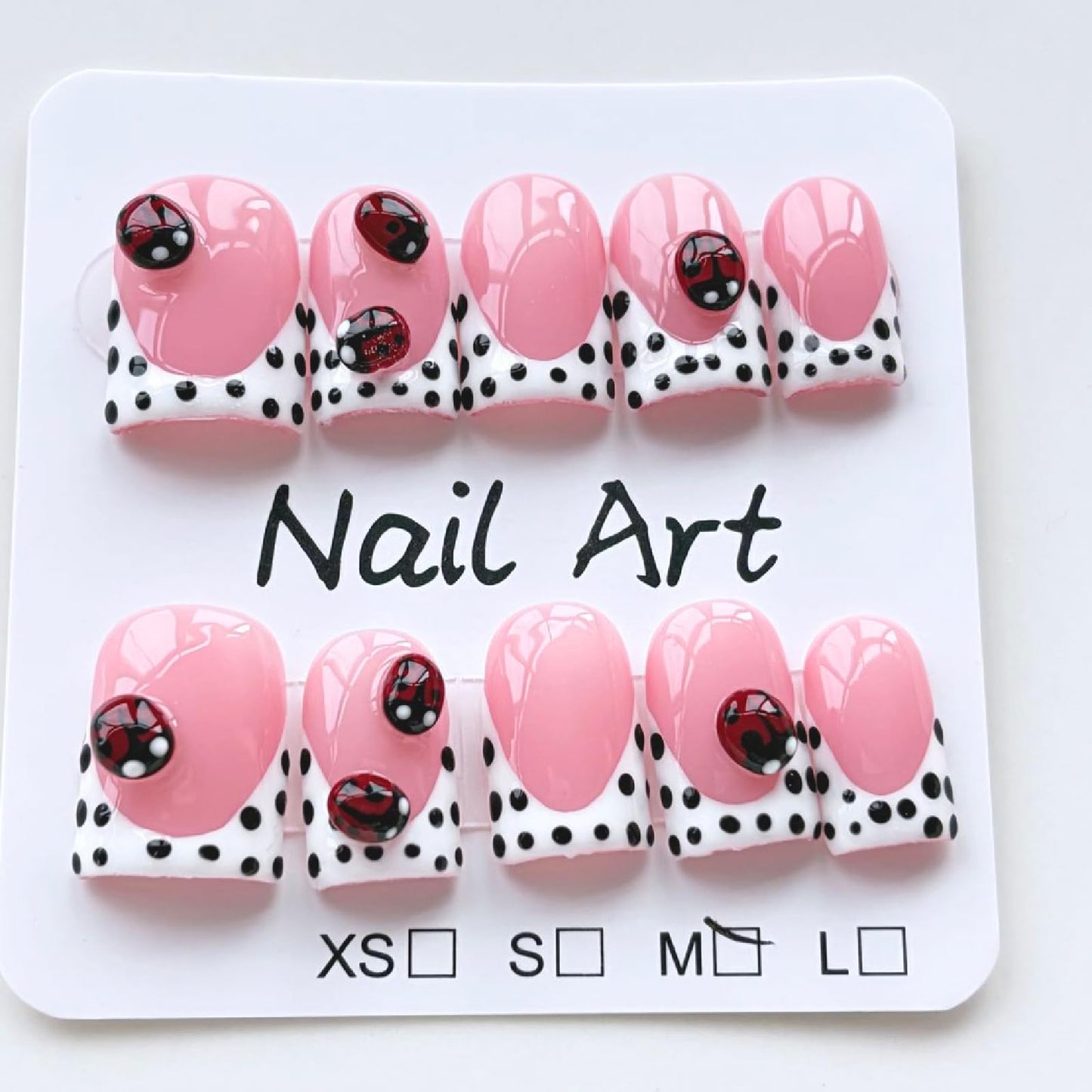 Threelegscat Short Handmade Duck Pink Press on Nails Acrylic White French Tips with Polka Dot Salon Quality Fake Nails 10 PCS Size M for Women & Girl,Daily Wear p10